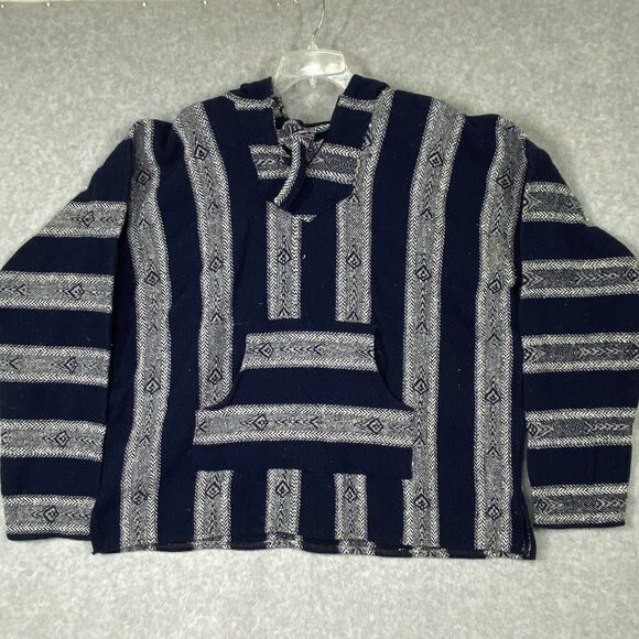 Baja Pullover Hoodie Adult XLg Navy Blue Stripe Hooded Sweatshirt Mexican Jacket - Picture 2 of 11